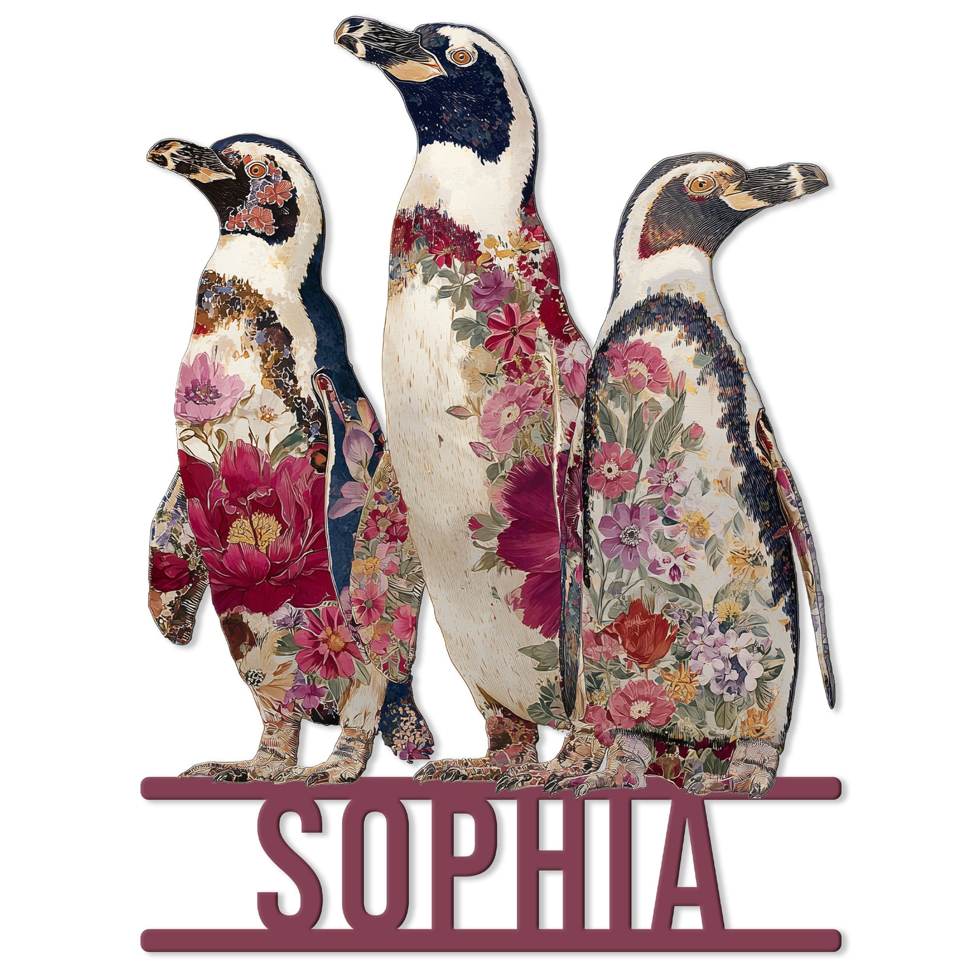 Floral penguin metal sign featuring three penguins covered in colorful botanical patterns