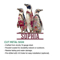Floral penguin metal sign product infographic showing the cut steel sign design and features