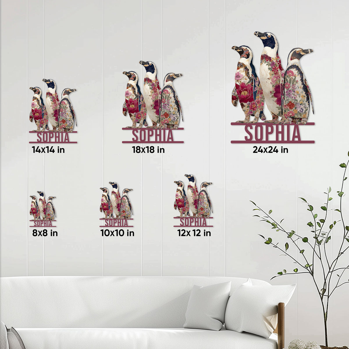 Floral penguin metal sign size guide showing six available square size options