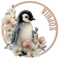 Floral penguin metal sign featuring a watercolor-style penguin surrounded by soft pink and white blossoms