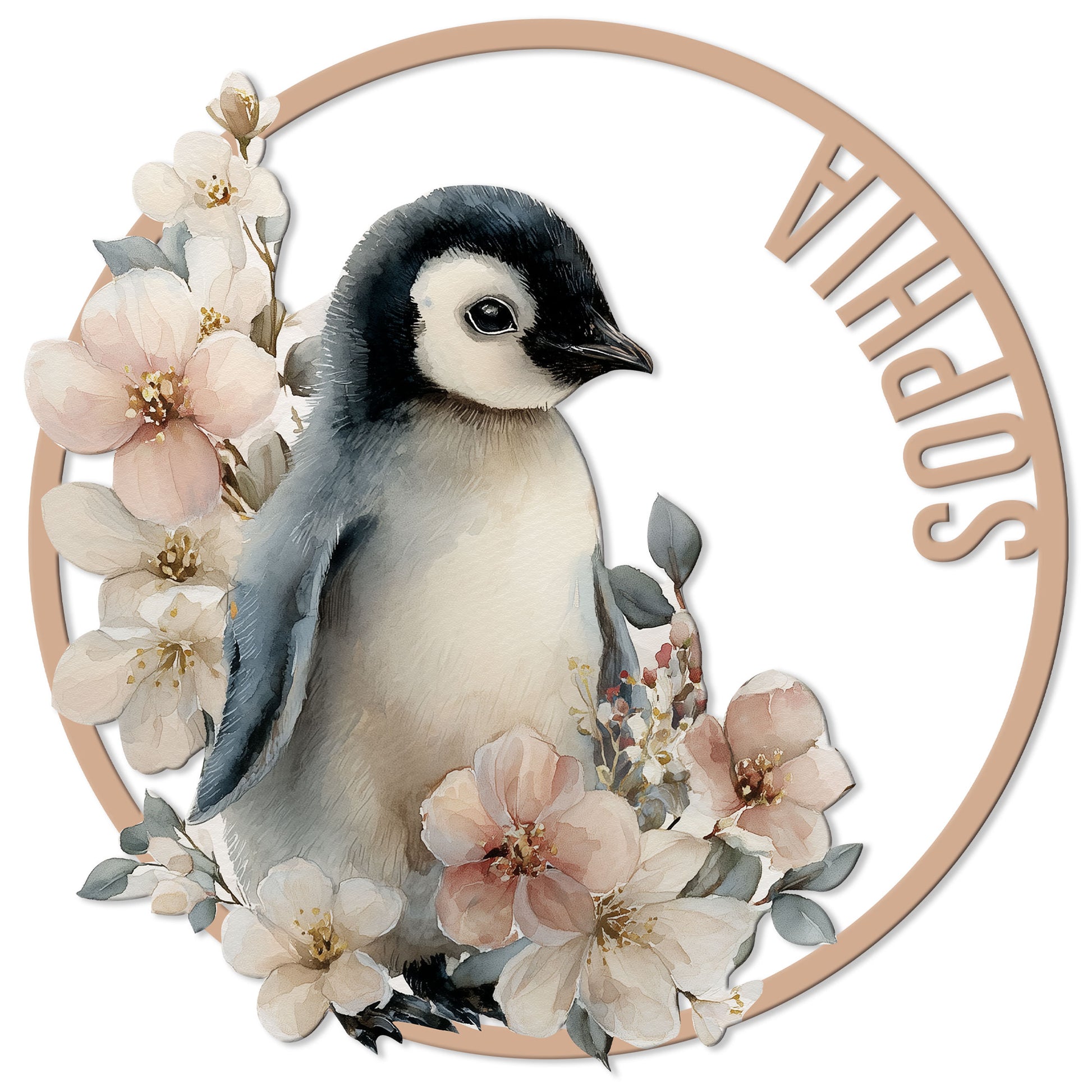 Floral penguin metal sign featuring a watercolor-style penguin surrounded by soft pink and white blossoms
