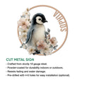 Floral penguin cut metal sign feature graphic with indoor and outdoor display details