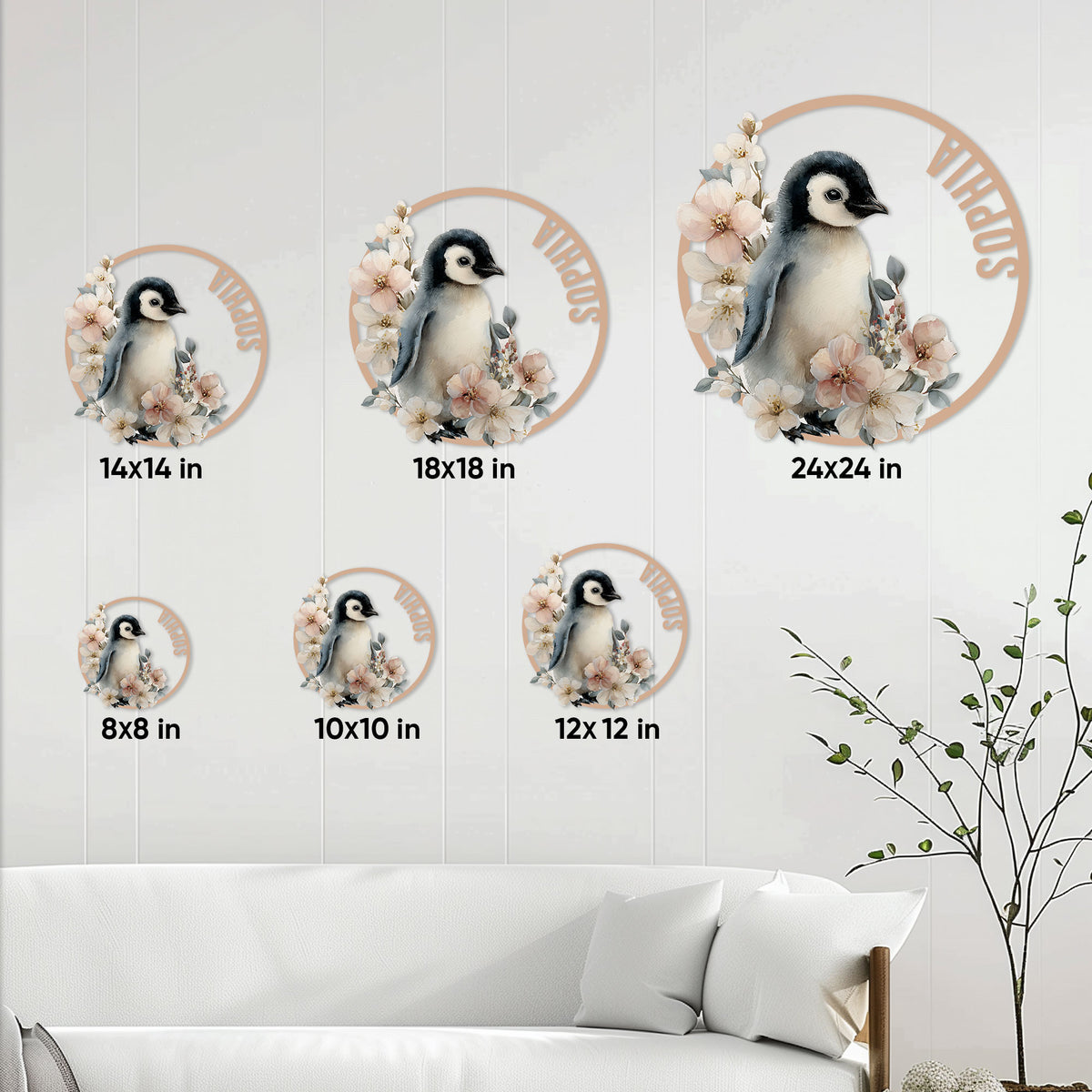Floral penguin metal sign size guide showing available square sizes from 8 by 8 to 24 by 24 inches