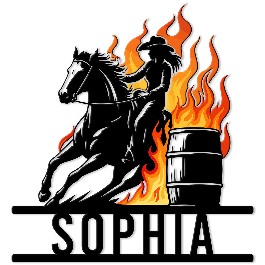 Barrel racing metal sign featuring a mounted rider, galloping horse, flaming barrels, and bold western artwork