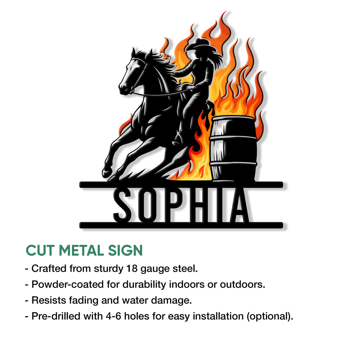 Barrel racing horse and rider metal sign shown in a product feature graphic with a fiery western design
