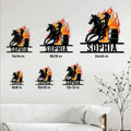 Barrel racing metal sign size guide showing several square size options in a living room setting