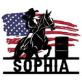 Custom barrel racing metal sign featuring a rider and horse racing around a barrel over an American flag