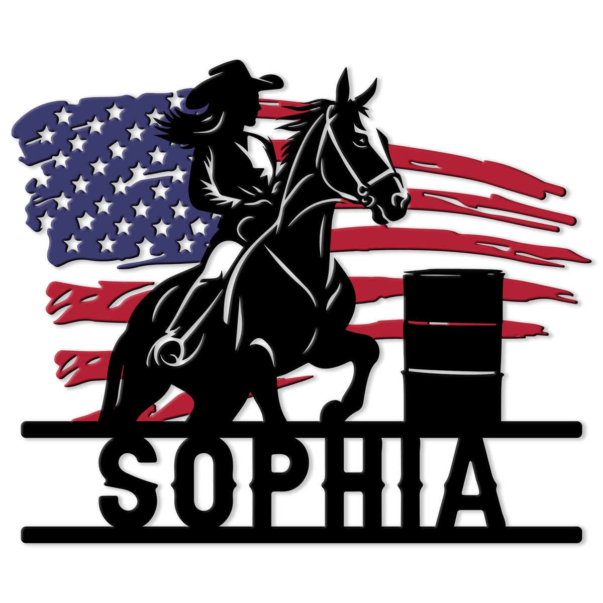 Custom barrel racing metal sign featuring a rider and horse racing around a barrel over an American flag