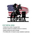 Barrel racing horse and rider metal sign shown with a cut-metal sign feature infographic