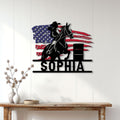 Barrel racing metal wall sign displayed on a light wood-paneled wall in a home decor setting
