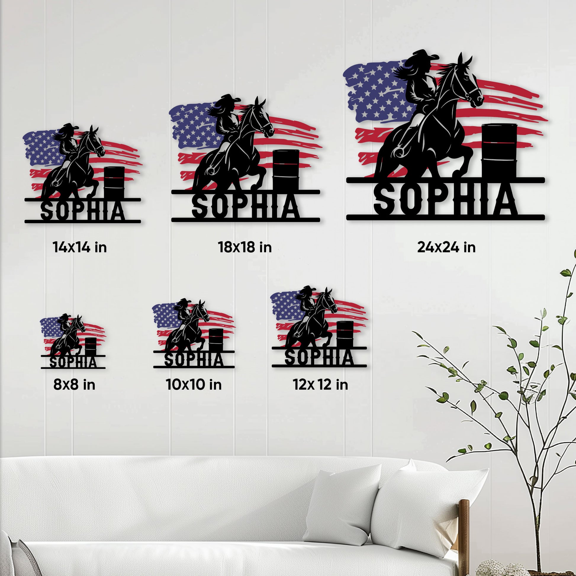 Barrel racing horse and rider sign shown in multiple size options above a living room sofa