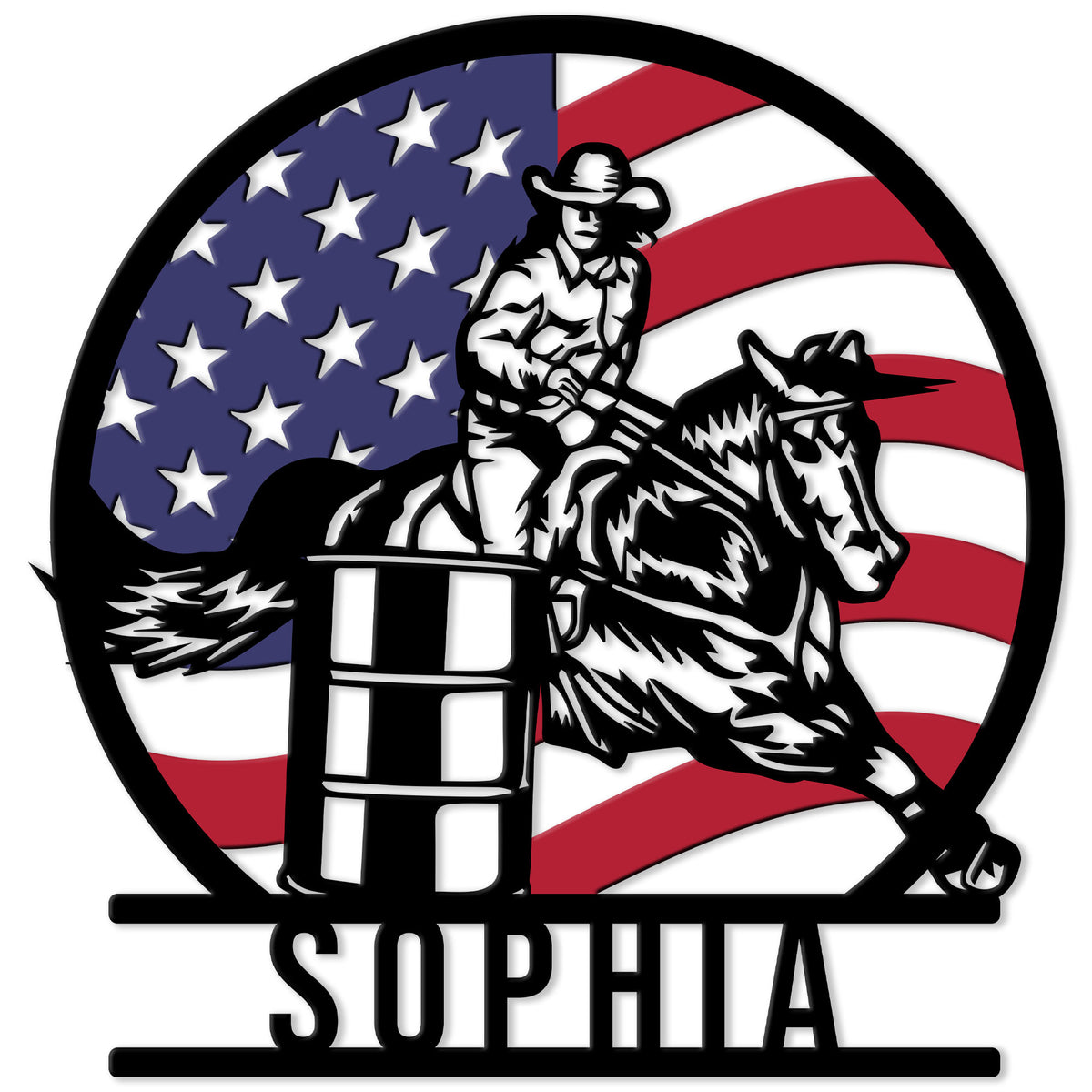 Barrel racing metal sign featuring a cowgirl and horse turning a barrel against an American flag backdrop