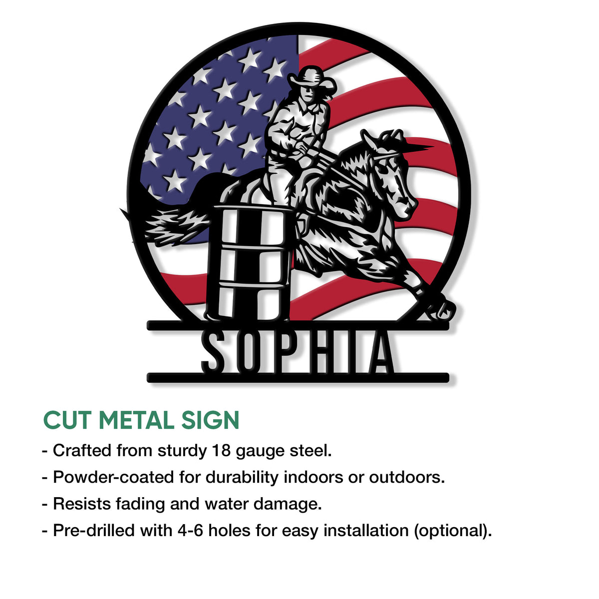 Barrel racing cut metal sign artwork showing a rider and horse making a fast turn around a barrel