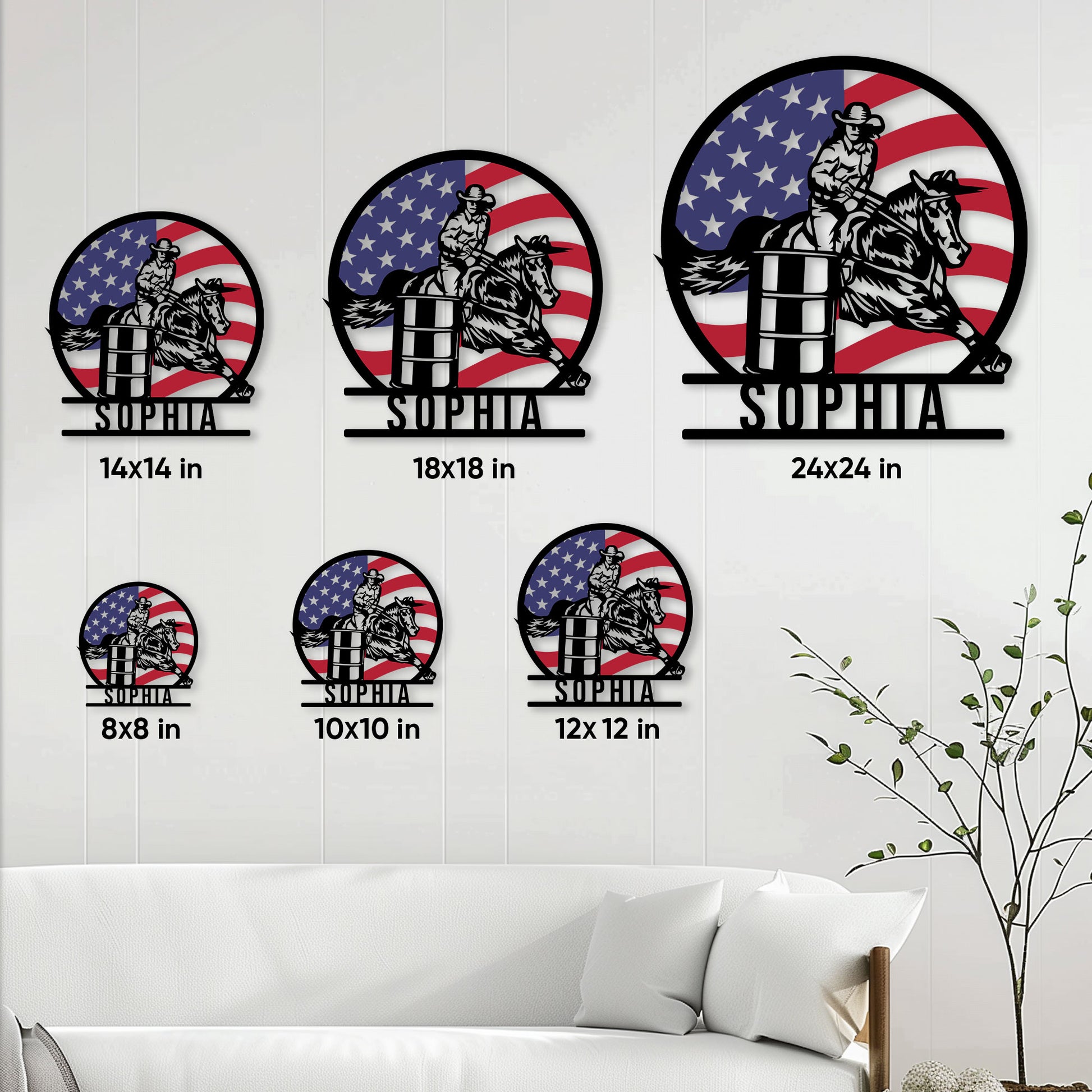 Barrel racing metal sign size guide showing available square sizes from 8 by 8 to 24 by 24 inches