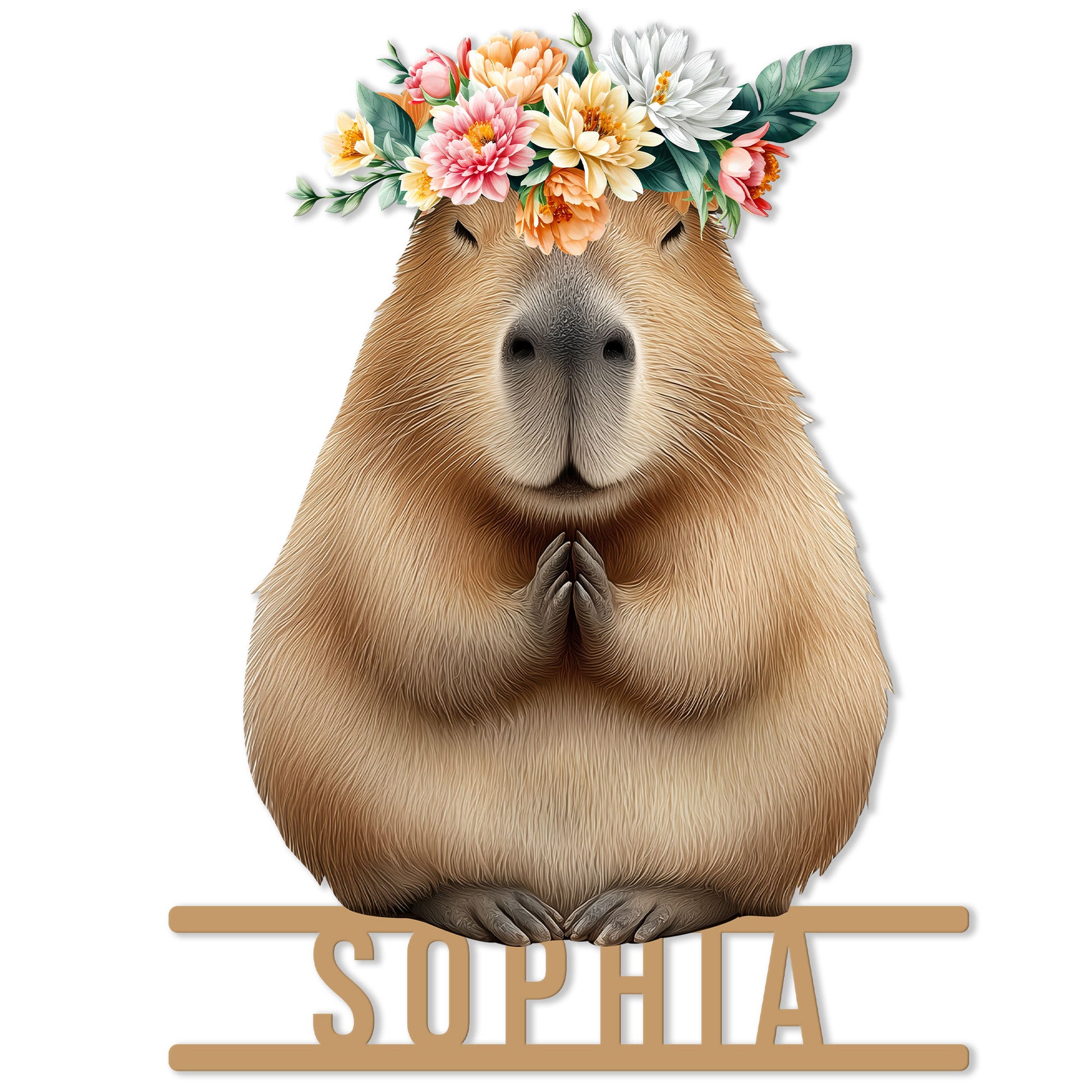Floral capybara metal sign featuring a detailed animal portrait with folded paws and a colorful flower crown