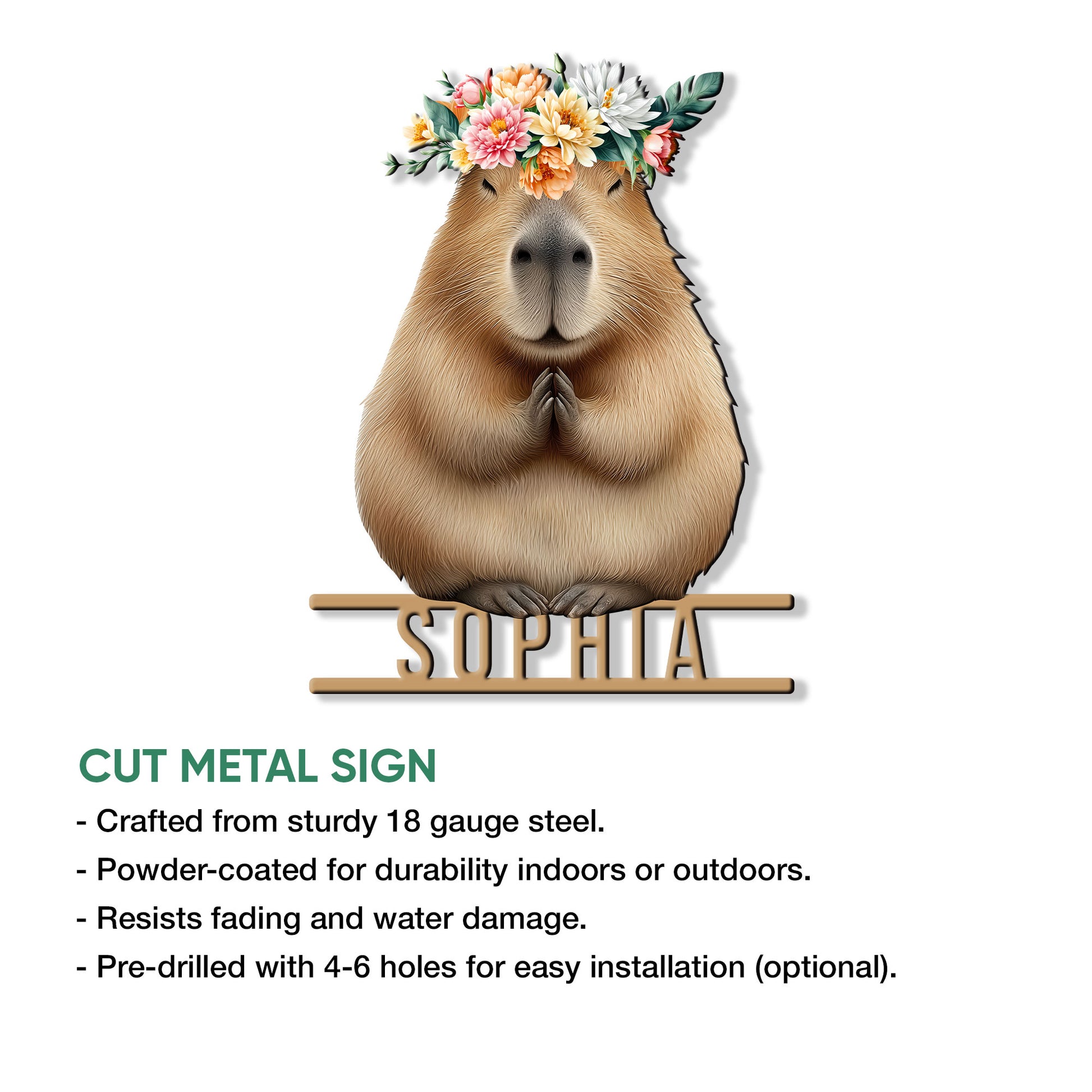 Capybara metal sign feature graphic showing the floral animal artwork and cut-metal sign presentation
