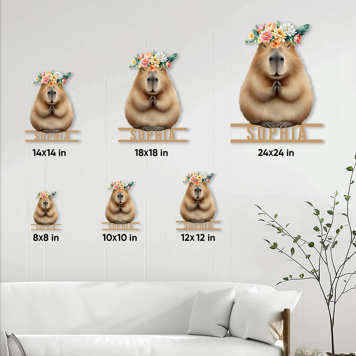 Capybara metal sign size comparison guide showing multiple square size options on a living room wall