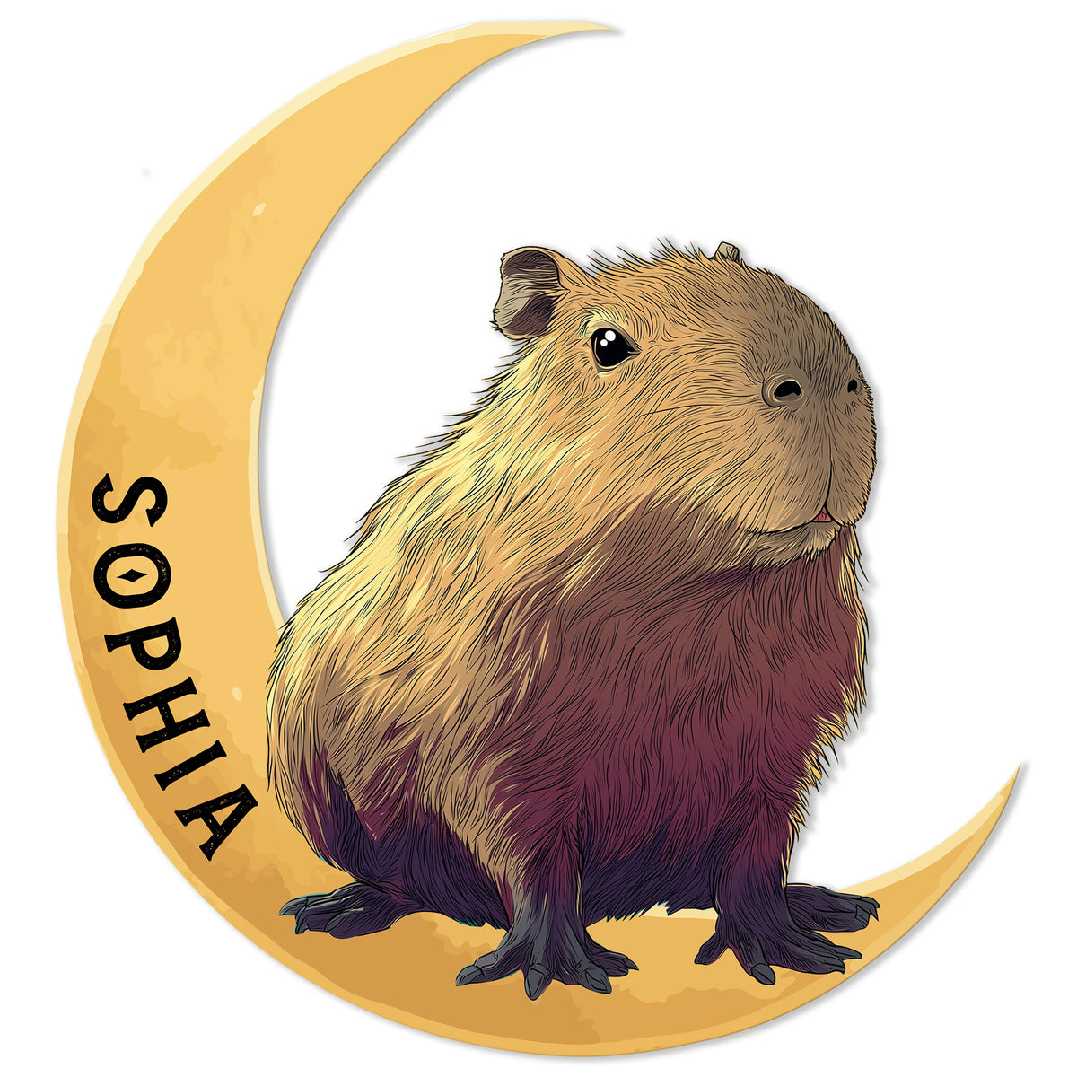 Detailed capybara metal sign featuring a friendly capybara seated against a golden crescent moon