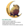 Capybara crescent moon metal sign shown in a cut metal sign product feature graphic