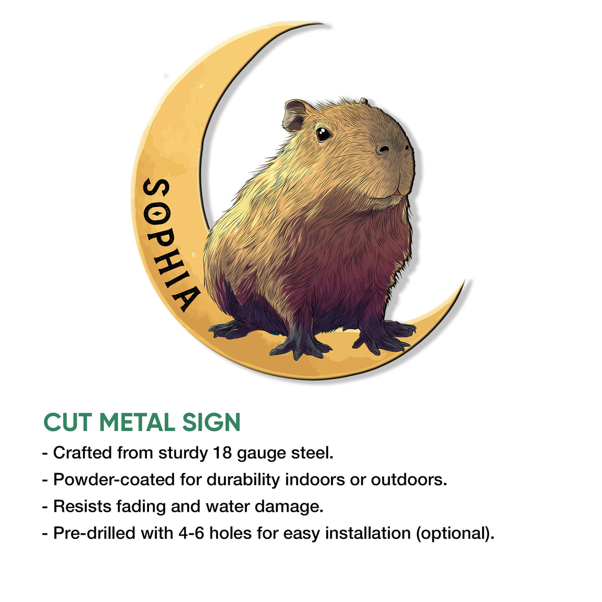 Capybara crescent moon metal sign shown in a cut metal sign product feature graphic