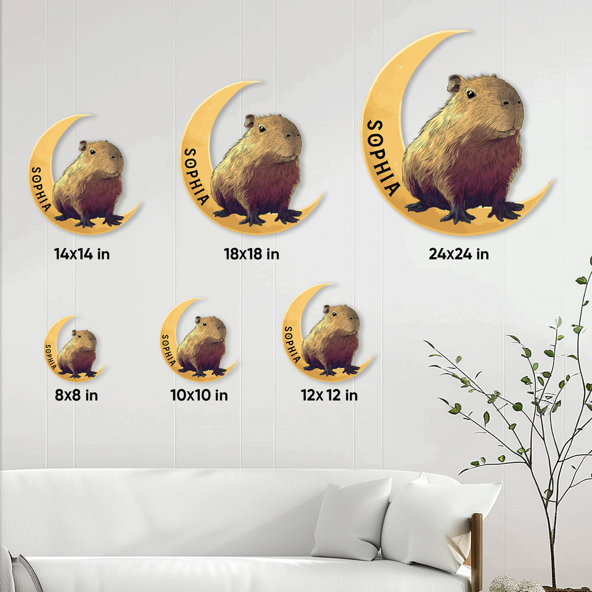 Capybara metal sign size guide showing 8, 10, 12, 14, 18, and 24 inch options