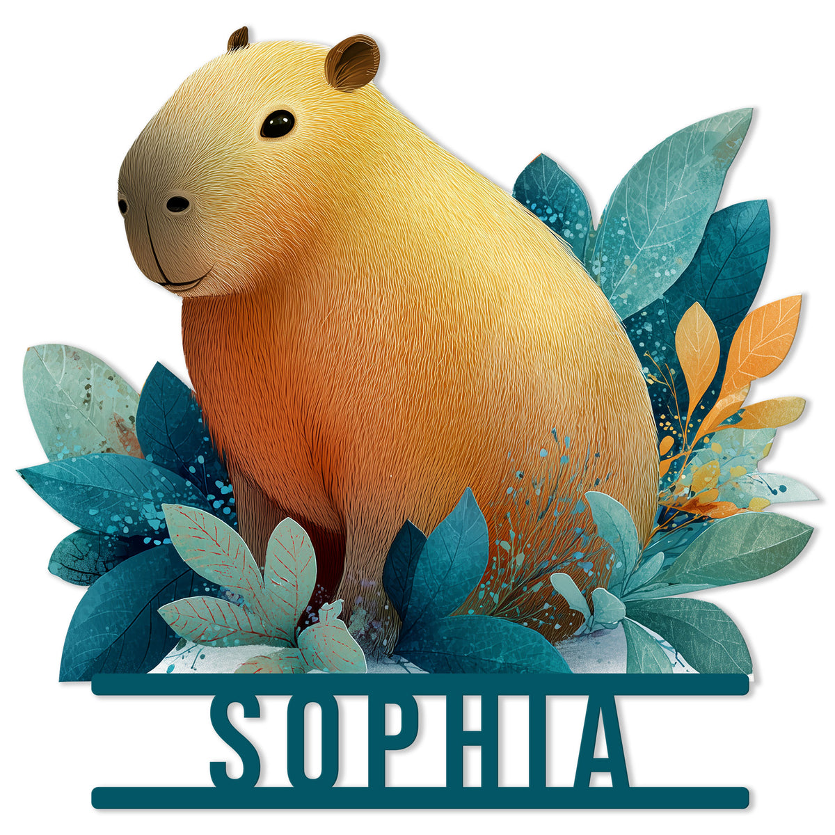 Colorful capybara metal sign surrounded by blue and gold botanical leaves