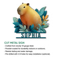 Capybara metal sign with leafy floral artwork shown alongside product feature information
