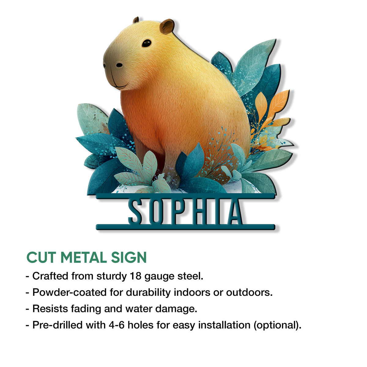 Capybara metal sign with leafy floral artwork shown alongside product feature information