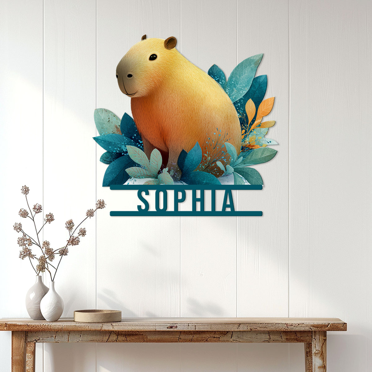 Capybara wall sign displayed in a bright home entryway above a wooden console table