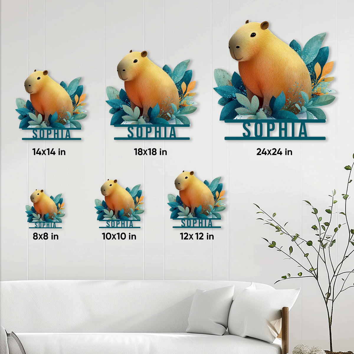 Capybara metal sign size guide showing six available sizes in a living room setting