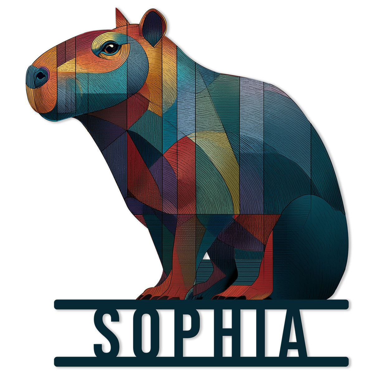 Colorful geometric capybara metal sign with a bold animal silhouette and cutout wall decor design