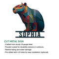 Capybara cut metal sign shown with product feature details for indoor or outdoor display