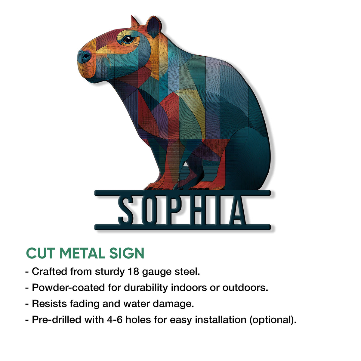 Capybara cut metal sign shown with product feature details for indoor or outdoor display