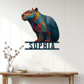 Colorful capybara metal wall sign displayed above a console table in a bright modern room