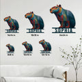 Capybara metal sign shown in multiple size options against a light wall in a living room