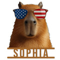 Capybara metal sign featuring a realistic capybara wearing American flag sunglasses