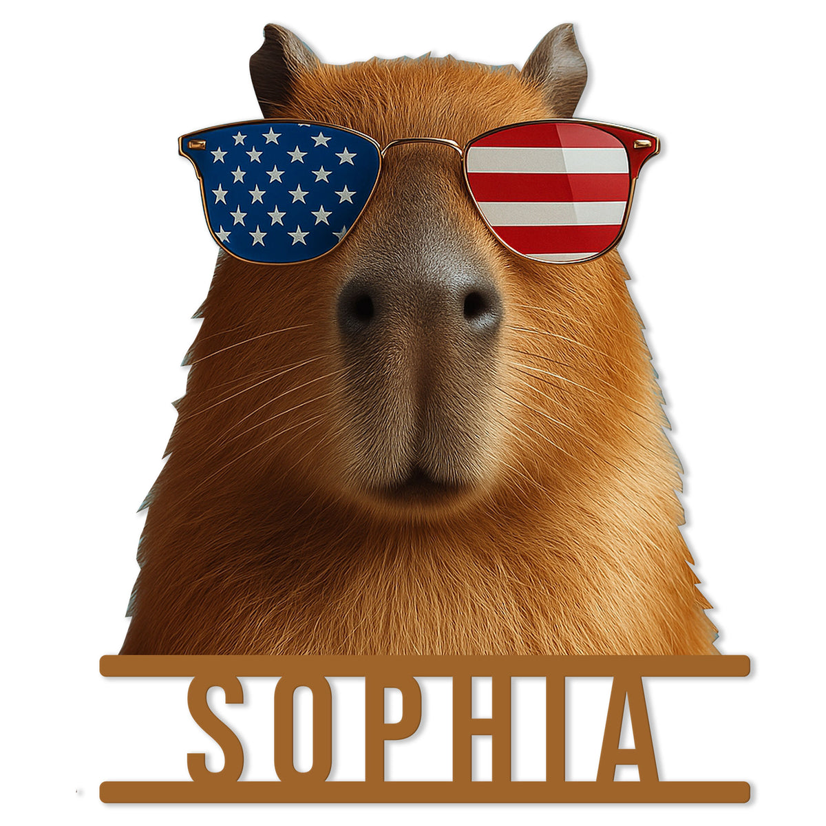 Capybara metal sign featuring a realistic capybara wearing American flag sunglasses