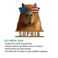 Close-up capybara wall sign with patriotic sunglasses and a cut metal silhouette design