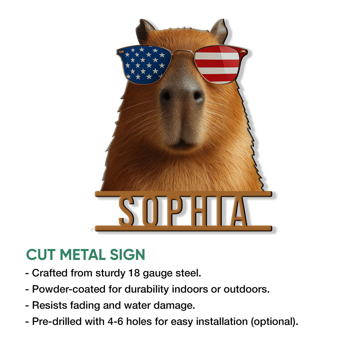 Close-up capybara wall sign with patriotic sunglasses and a cut metal silhouette design