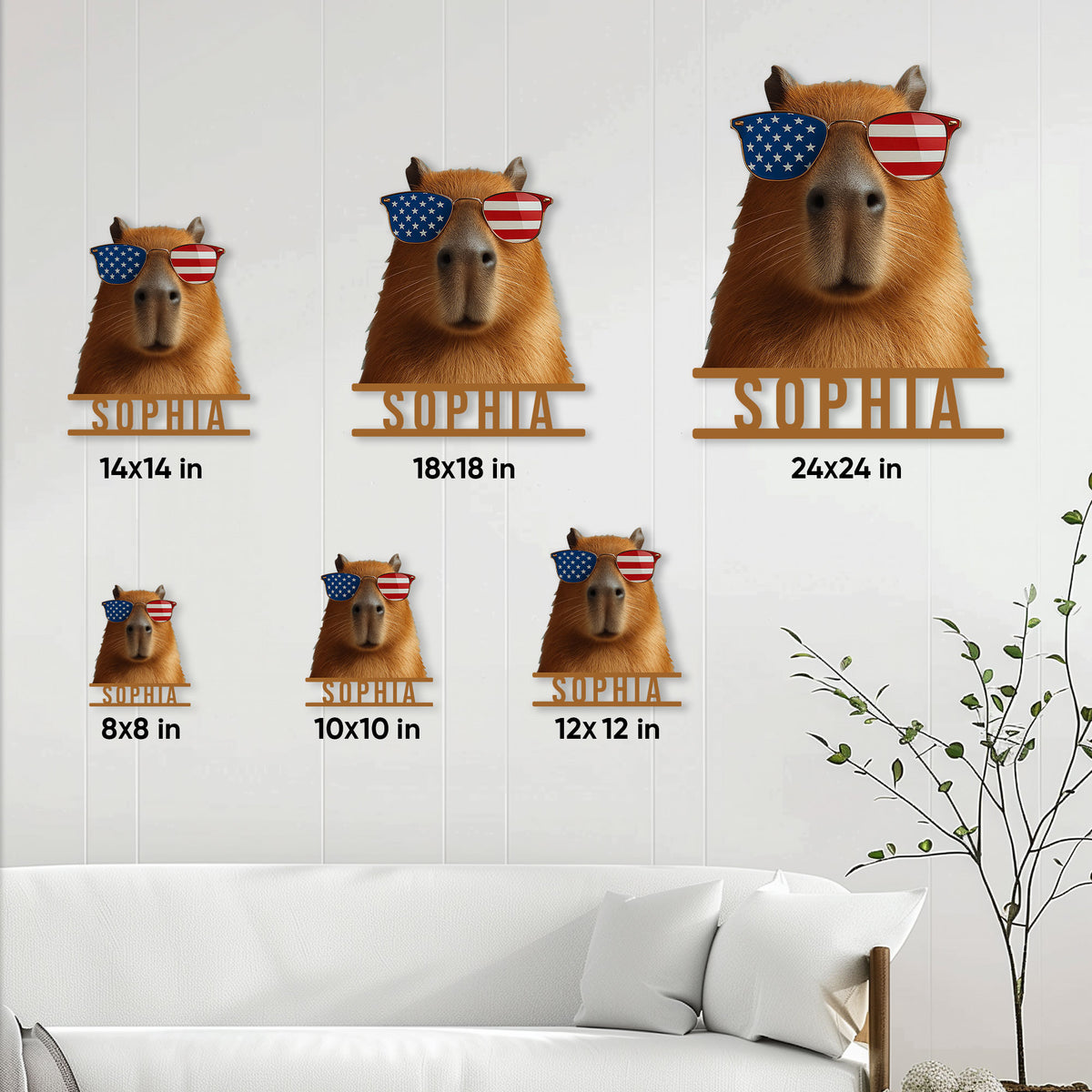 Capybara metal sign size guide showing available square sizes from 8 by 8 to 24 by 24 inches