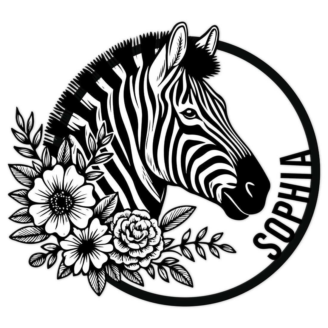 Black and white zebra metal sign with a floral arrangement and circular frame