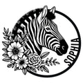 Black and white zebra metal sign with a floral arrangement and circular frame