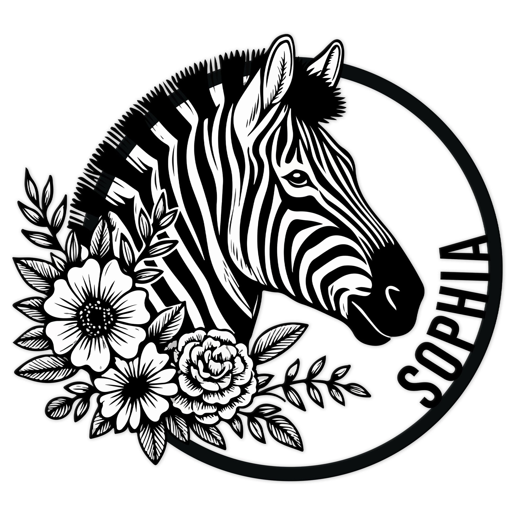 Black and white zebra metal sign with a floral arrangement and circular frame