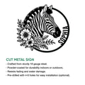 Zebra floral metal sign shown with cut metal construction and indoor or outdoor display details