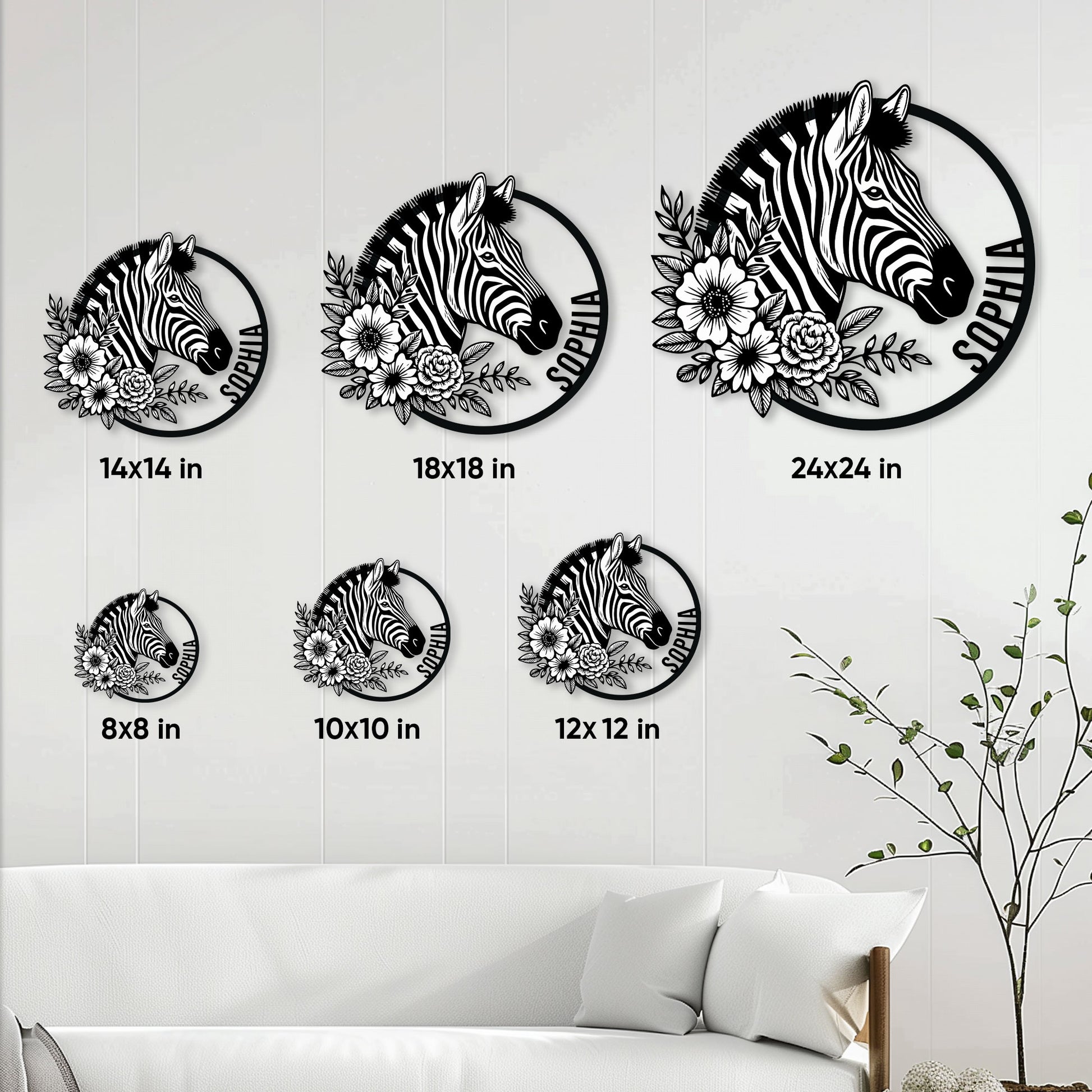 Zebra metal sign size guide showing available sizes from 8 by 8 to 24 by 24 inches