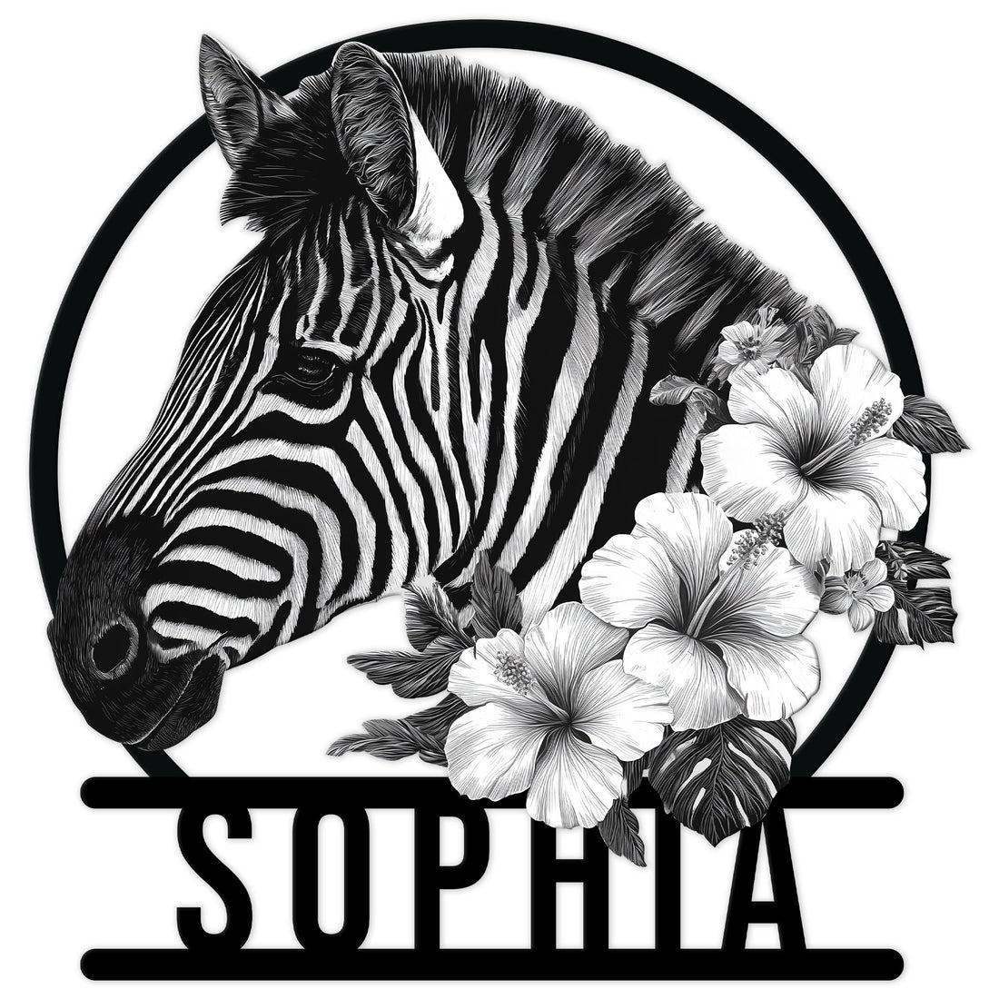 Black and white zebra portrait with tropical flowers in a circular custom metal sign design