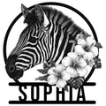 Black and white zebra portrait with tropical flowers in a circular custom metal sign design