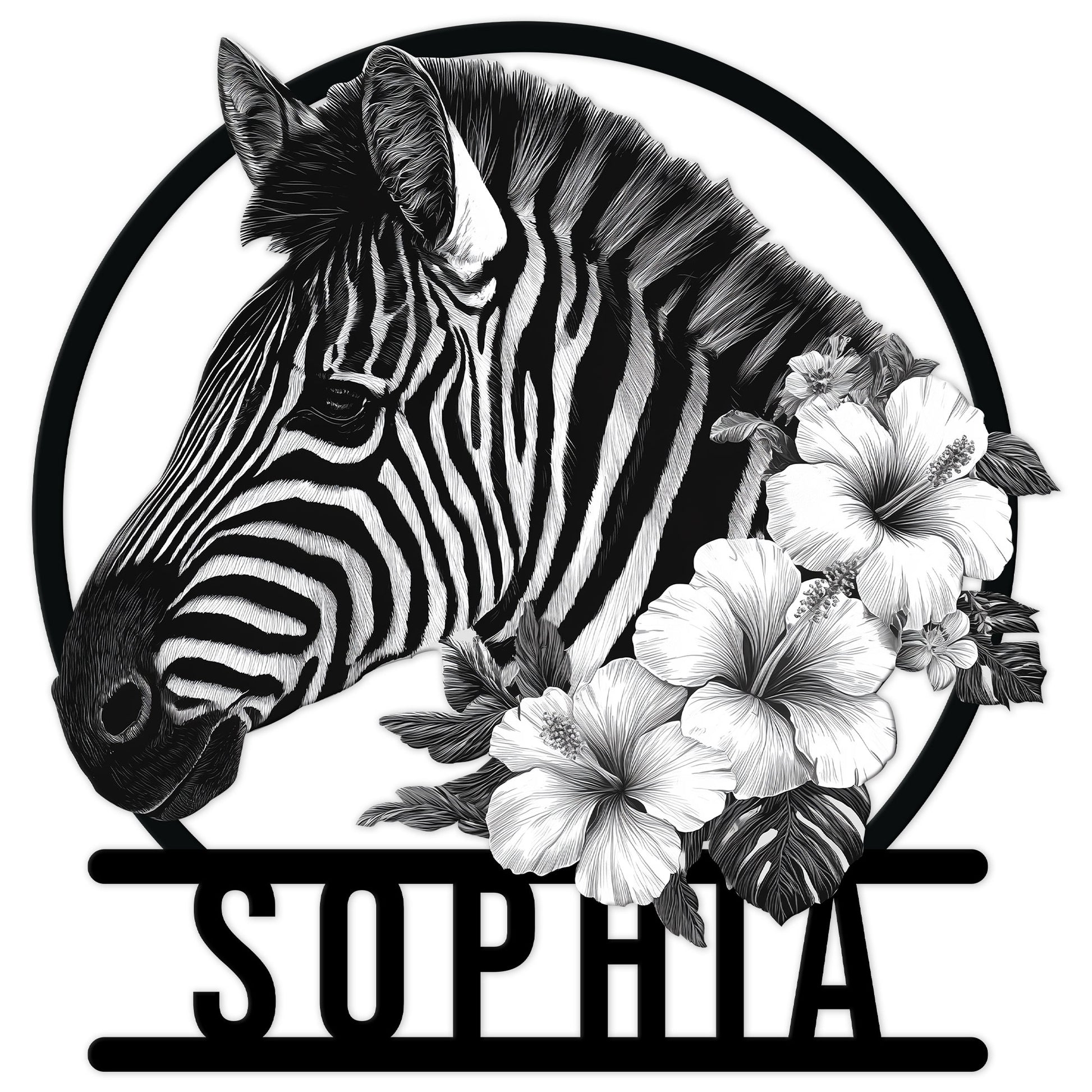 Black and white zebra portrait with tropical flowers in a circular custom metal sign design