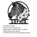 Zebra floral metal sign product graphic showing the cut sign design and indoor or outdoor display use