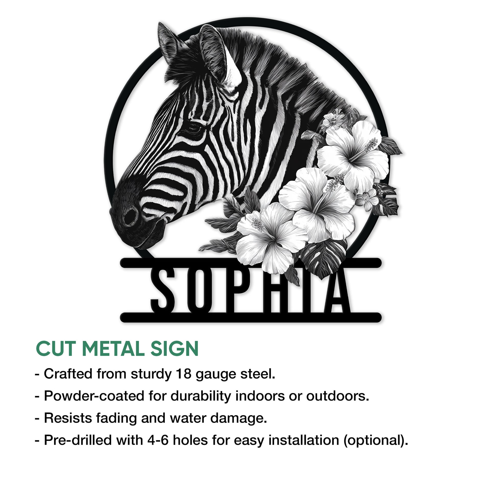Zebra floral metal sign product graphic showing the cut sign design and indoor or outdoor display use